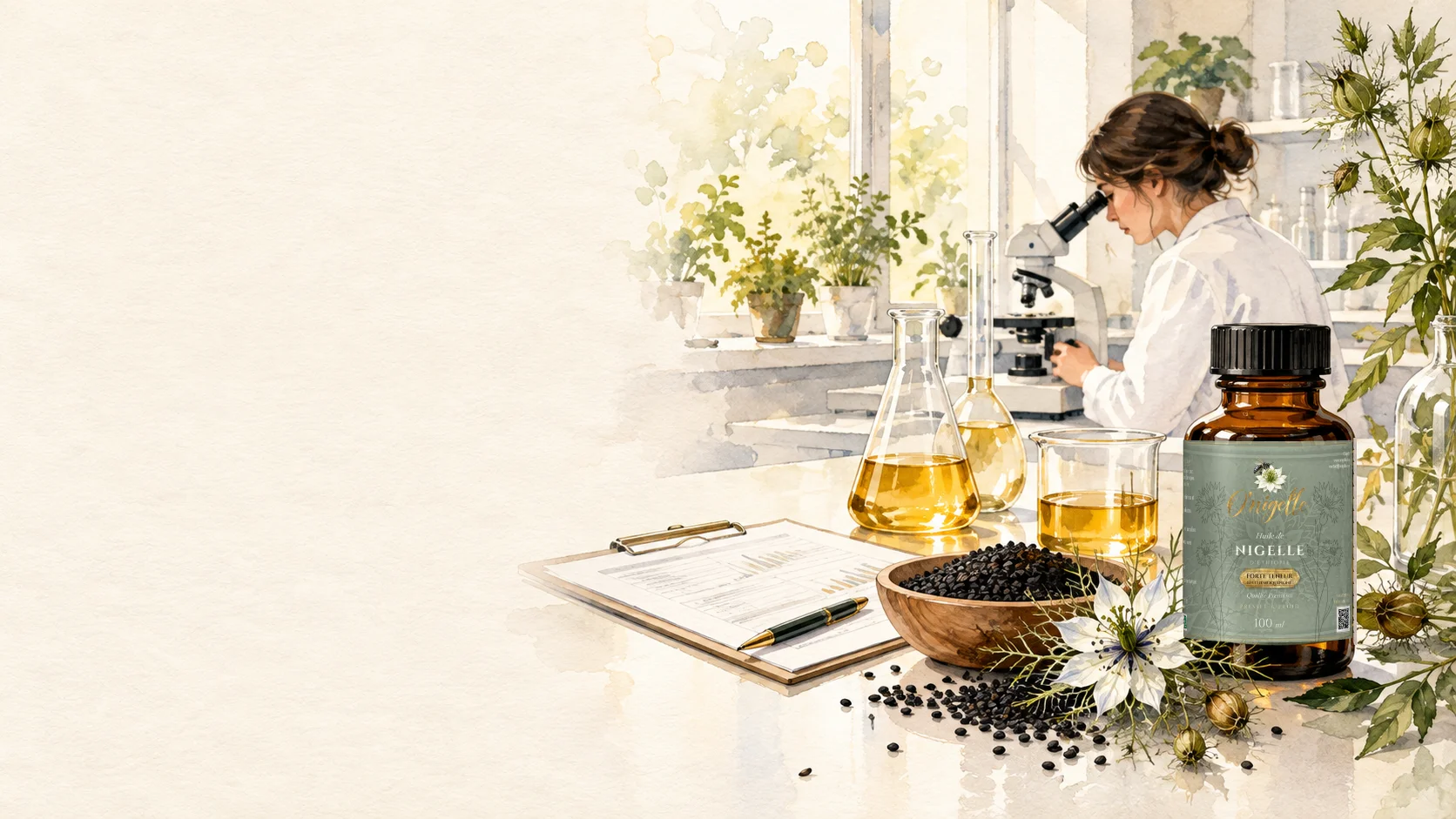 Illustration d’un laboratoire d’analyse avec un flacon d’huile de nigelle O’Nigelle