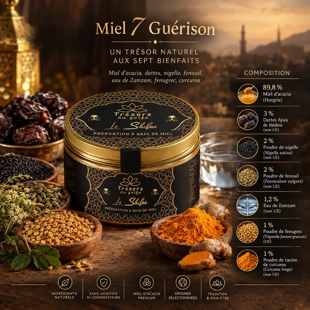Miel 7 Guérison, préparation à base de miel d’acacia, dattes Ajwa, nigelle et épices, pot de 300 g