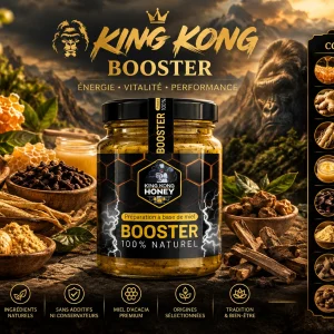 Pot de King Kong Honey 100 g, préparation à base de miel d’acacia au gingembre, ginseng, gelée royale et maca
